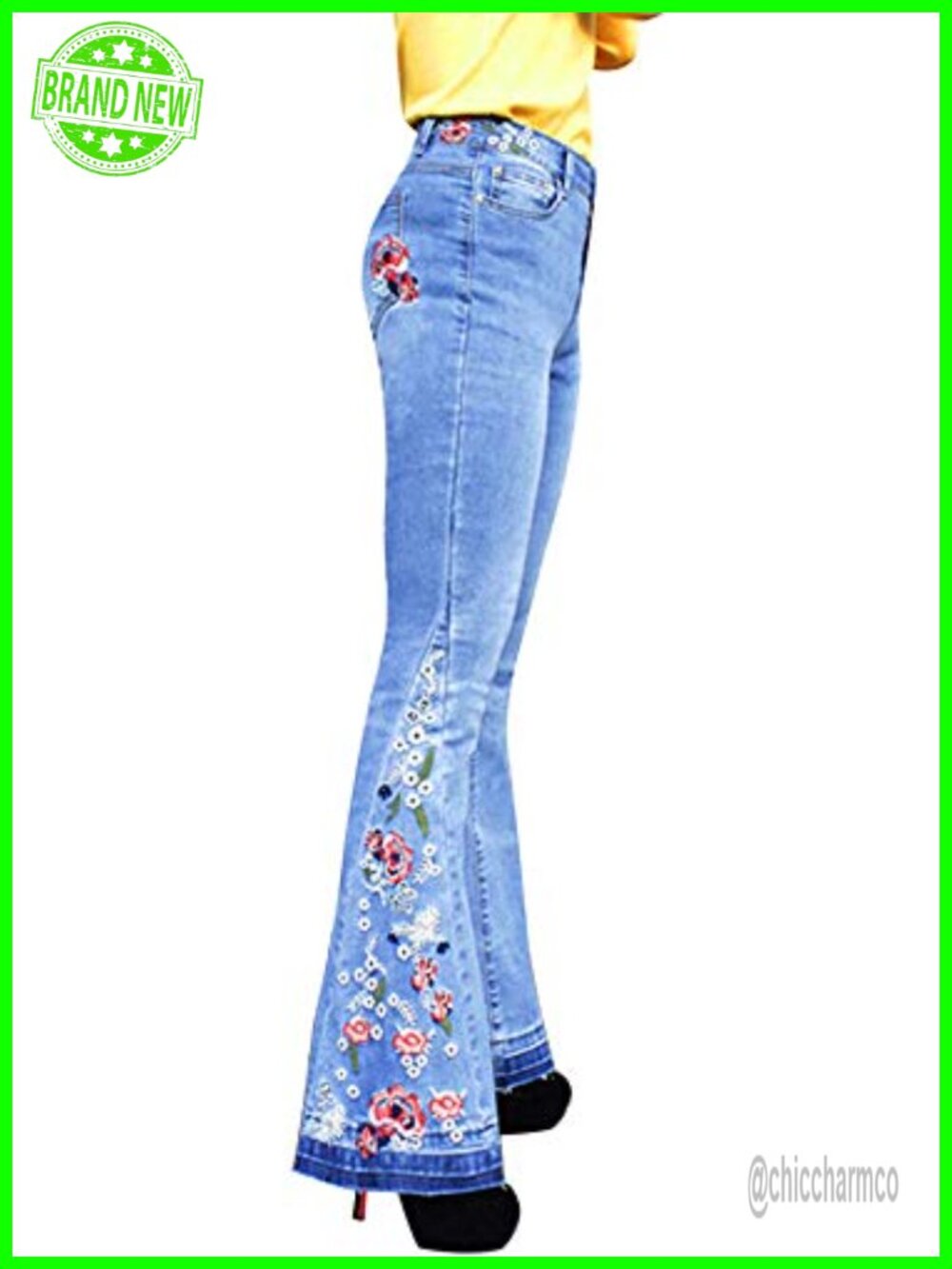 Floral Embroidered High Waist Bell Bottom Jeans Flared Denim